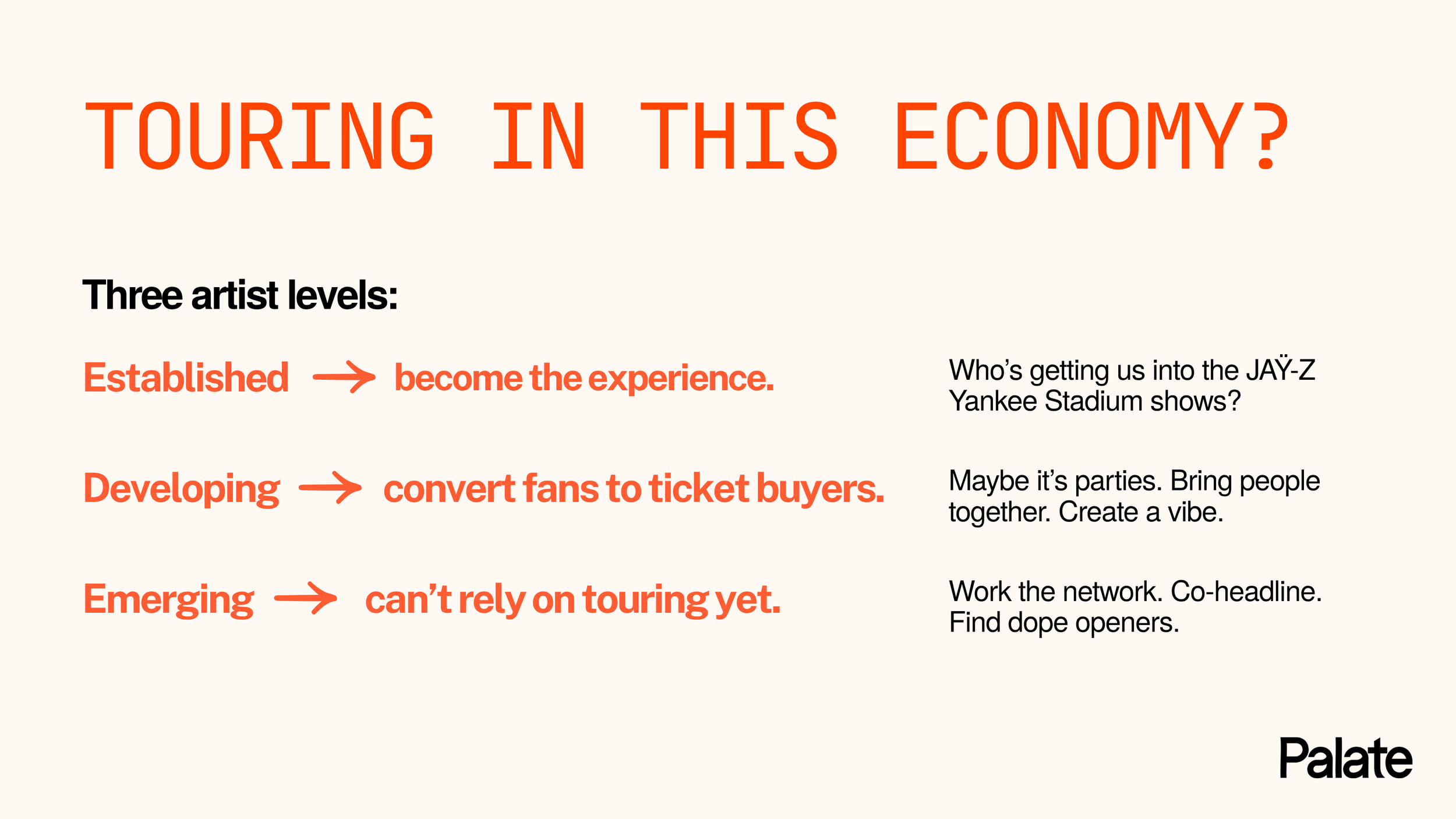 Music touring framework showing different strategies for established, developing and emerging artists in today’s economy.