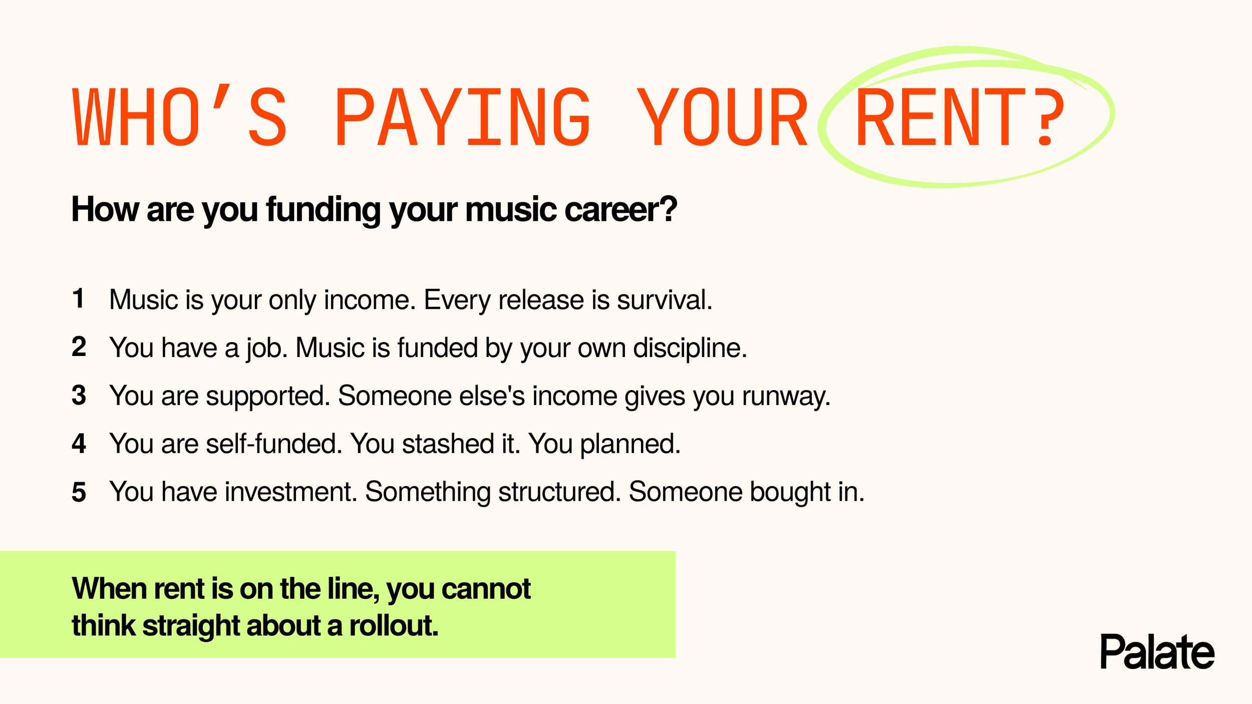 Framework showing five ways artists may fund a music career, including music income, outside employment, personal support, self-funding and investment.