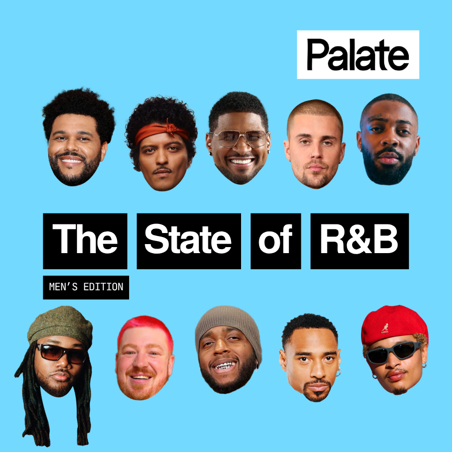 The State of R&B Men’s Edition featuring male R&B artists across generations with photos of The Weeknd, Bruno Mars, Usher, Justin Beiber, Brent Faiyaz, Leon Thomas, BL6CK, Saint Harison, Durand Bernarr, Destin Conrad.