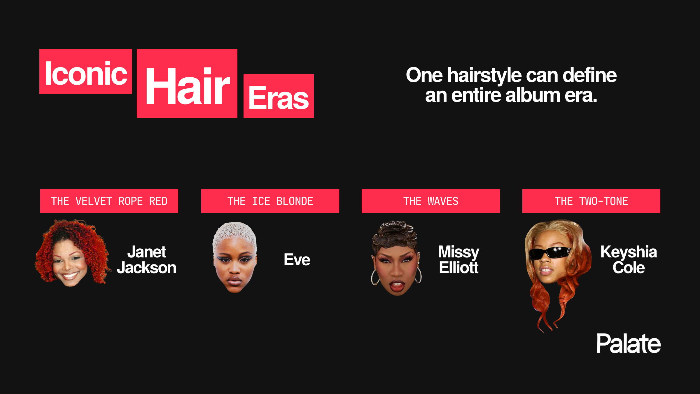 Iconic artist hair eras featuring Janet Jackson, Eve, Missy Elliott and Keyshia Cole