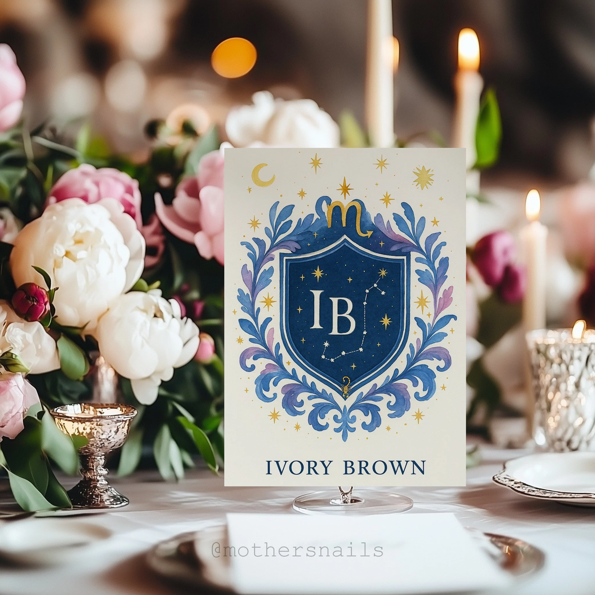 Place cards written in the stars (...and in ink). ✨

Meet The Gary: one theme, many personalities. Our themed crest package, The Gary, is where every guest gets a crest within an overarching theme (typically up to 10 designs).

♏ Scorpios get stars a