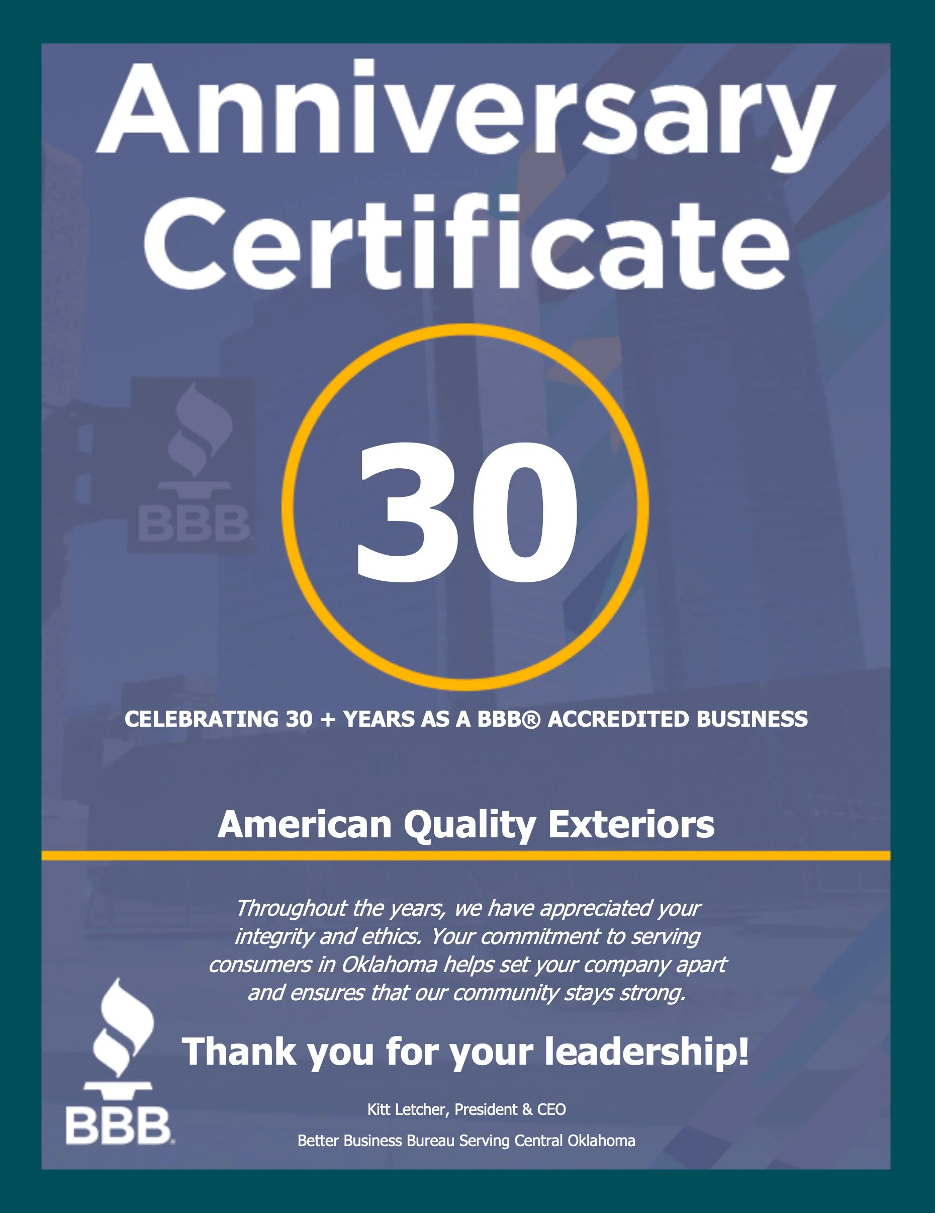Anniversary Certificate, celebrating 30 years as a BBB Accredited Business