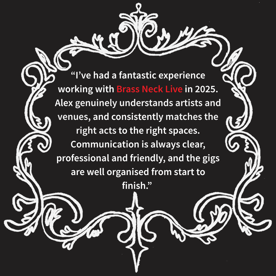 Testimonial quote about Brass Neck Live with decorative white border on black background.