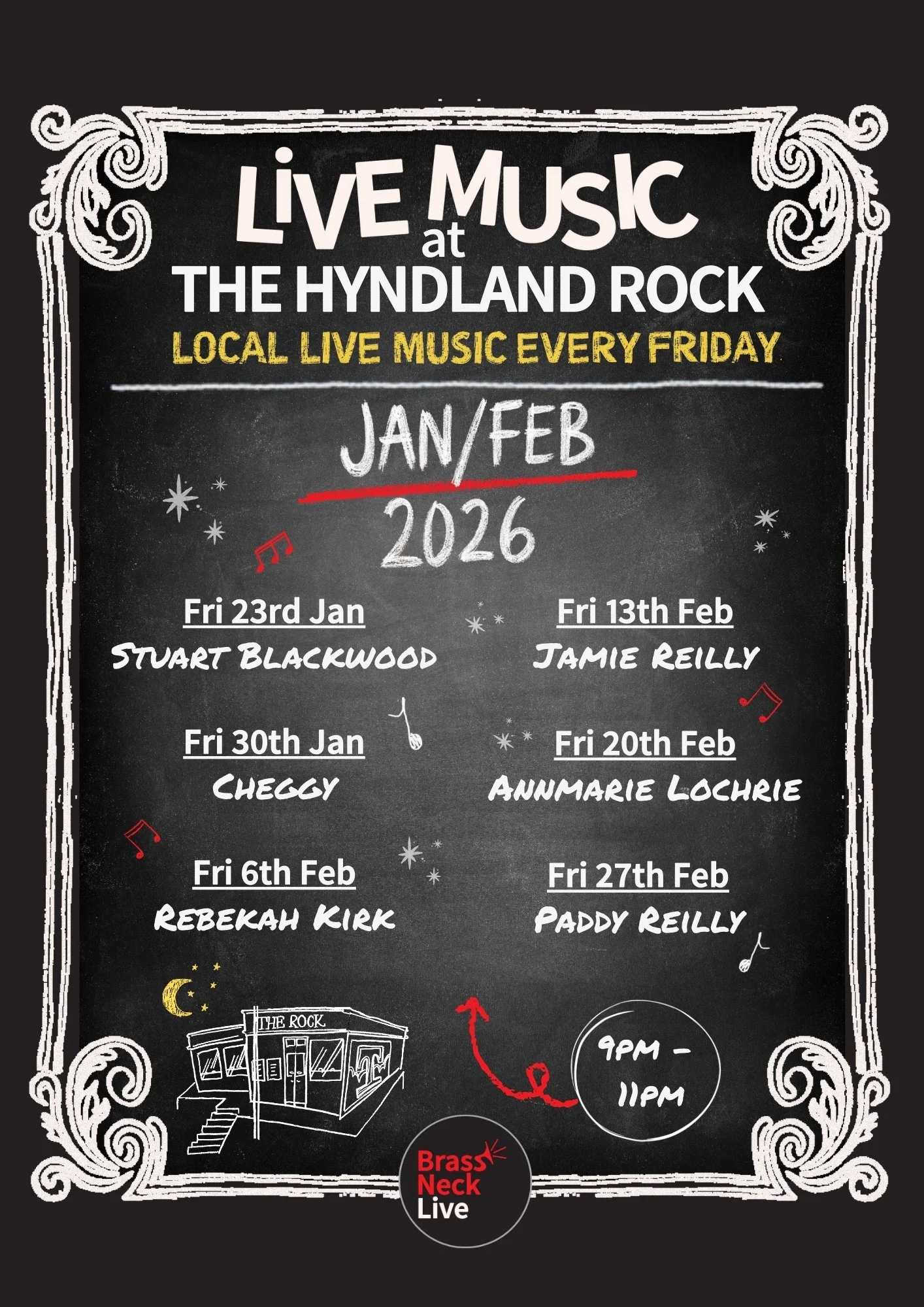 Event poster displaying live music schedule at The Hyndland Rock on Fridays in January and February 2026, featuring performances by Stuart Blackwood, Jamie Reilly, Cheggy, Annmarie Lochrie, Rebekah Kirk, and Paddy Reilly, from 9 PM to 11 PM.
