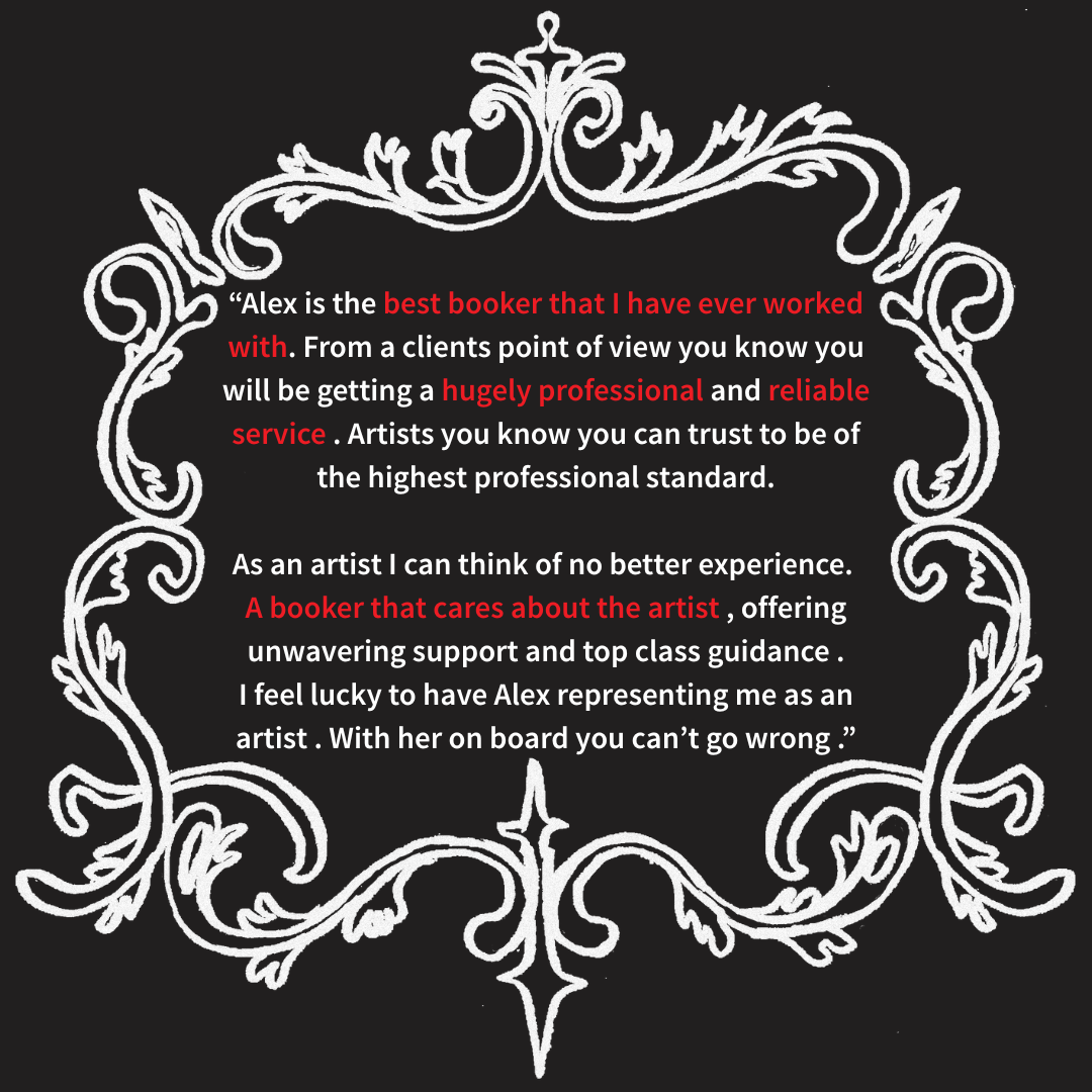 Testimonials with decorative border about Alex, a booker, praising her professionalism and support for the artist.