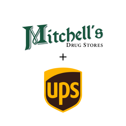 Mitchell's Drug Stores logo above a plus sign, and UPS logo below a yellow and brown shield, representing a partnership or collaboration.
