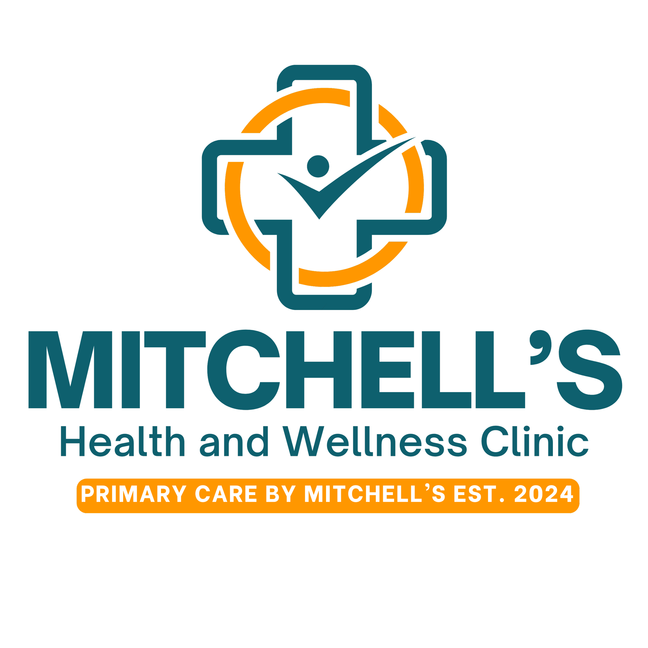 Logo for Mitchell's Health and Wellness Clinic with a clock and check mark, and text promoting primary care services established in 2024.