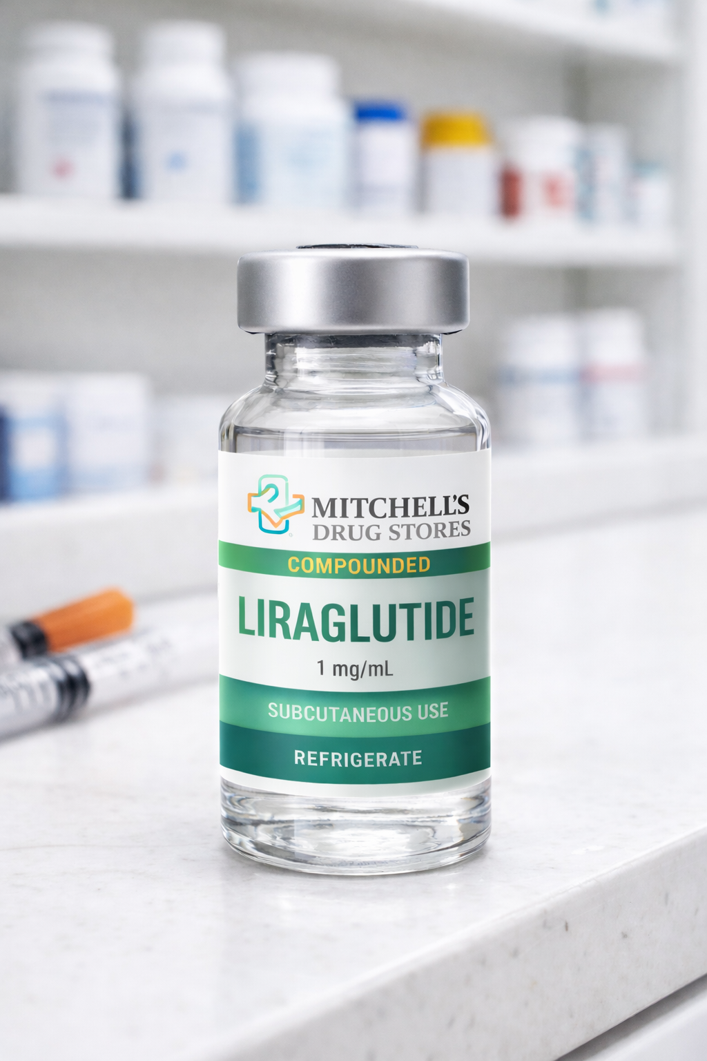 A vial labeled 'LIRAGLUTIDE' from Mitchell's Drug Stores, indicating subcutaneous use and 'Refrigerate' instructions, placed on a white surface with medical supplies in the blurred background.