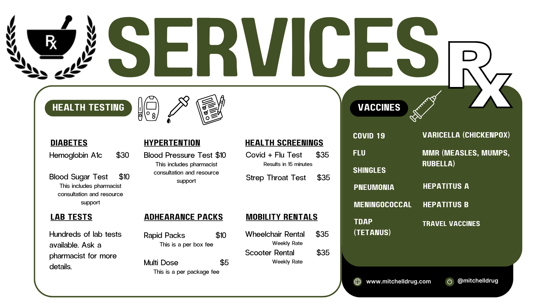 A health services menu listing health testing, lab tests, adherence packs, mobility rentals, and vaccines, with icons of a mortar and pestle, thermometer, syringe, clipboard, and syringe for vaccines and test details.