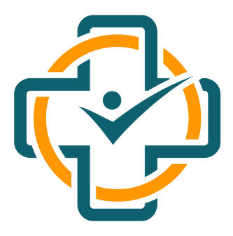 A medical cross with a stylized person and a checkmark in the center, surrounded by an orange circular arrow.