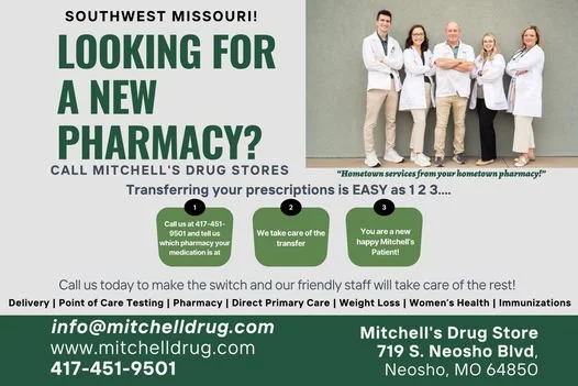 Advertisement for Mitchell's Drug Store in Southwest Missouri. Promotes transferring prescriptions and caring for new pharmacy patients. Features staff members in white coats. Contact info and address at the bottom.
