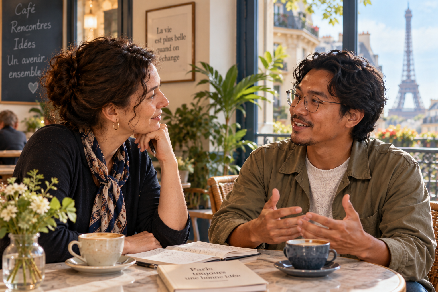 Two people have a warm, engaged conversation over coffee in a Paris café, with the Eiffel Tower visible through the window.