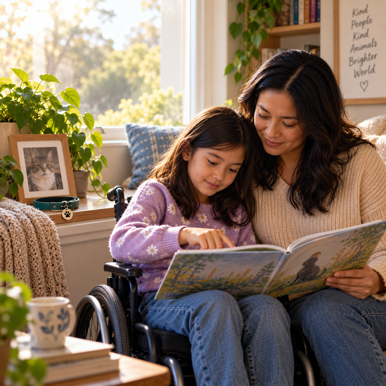 A mother and her young daughter, who uses a wheelchair, sit together in a warm, sunlit reading nook and share a picture book. Nearby, a framed photograph of a cat and its collar suggest they are remembering a beloved animal companion.