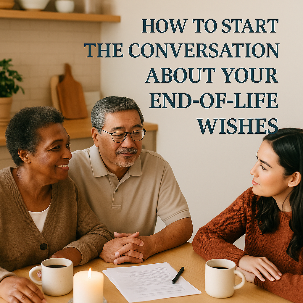 Smiling couple sits at a table with a younger woman, paperwork, coffee, and a lit candle, symbolizing the importance of starting conversations about advance directives and end-of-life wishes.