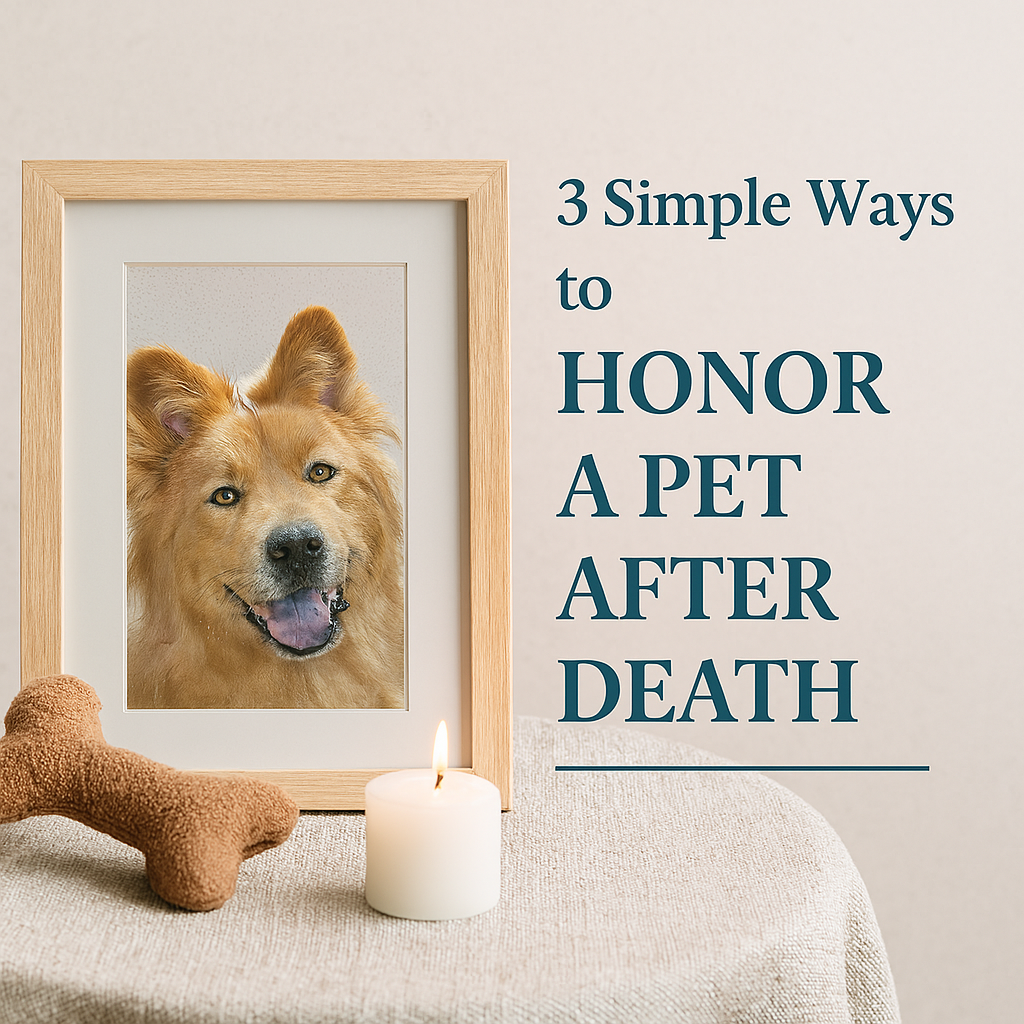 Framed photo of a happy golden-brown Chow-mix dog beside a lit white memorial candle and a plush bone toy, symbolizing remembrance and honoring a beloved pet after death.