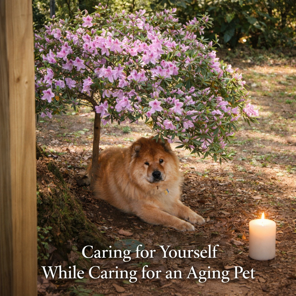 Yoshi Bear, an aging Chow Chow/Golden mix, rests peacefully beneath a blooming pink azalea bush in a quiet garden, with a lit white pillar candle nearby and the title “Caring for Yourself While Caring for an Aging Pet” at the bottom.