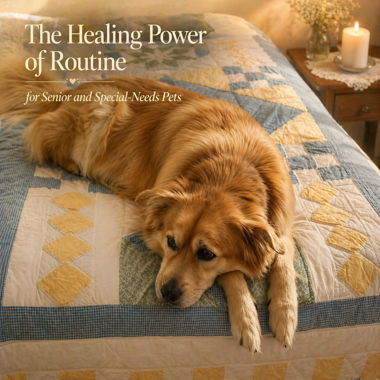 An older dog rests peacefully on a quilted bed in a softly lit room, with a small table and glowing white pillar candle nearby, and the title “The Healing Power of Routine for Senior and Special-Needs Pets” gently overlaid.