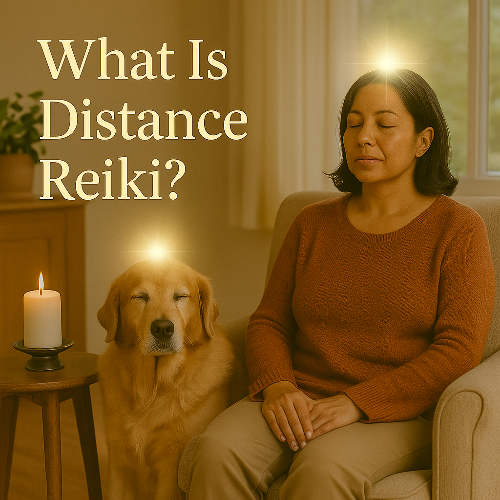 A woman sits quietly in a chair beside a golden retriever, both with eyes closed, in a warm, softly lit room. A small table with a lit white pillar candle stands nearby, suggesting a calm, meditative setting.