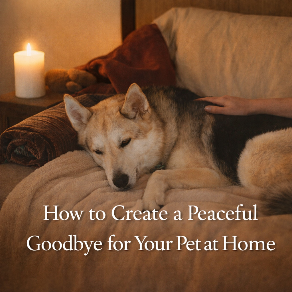 Kodi, a beloved silver and black husky-shepherd mix, lies peacefully on a soft blanket in warm lamplight. A white pillar candle glows nearby as a gentle hand rests on her back, evoking the quiet tenderness of a peaceful goodbye at home.