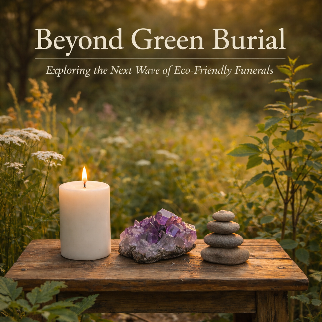 Soft morning light illuminates an outdoor patio table with a white pillar candle, an amethyst crystal, and a small stack of balanced stones resting on a woven runner, symbolizing reflection and eco-friendly end-of-life practices.