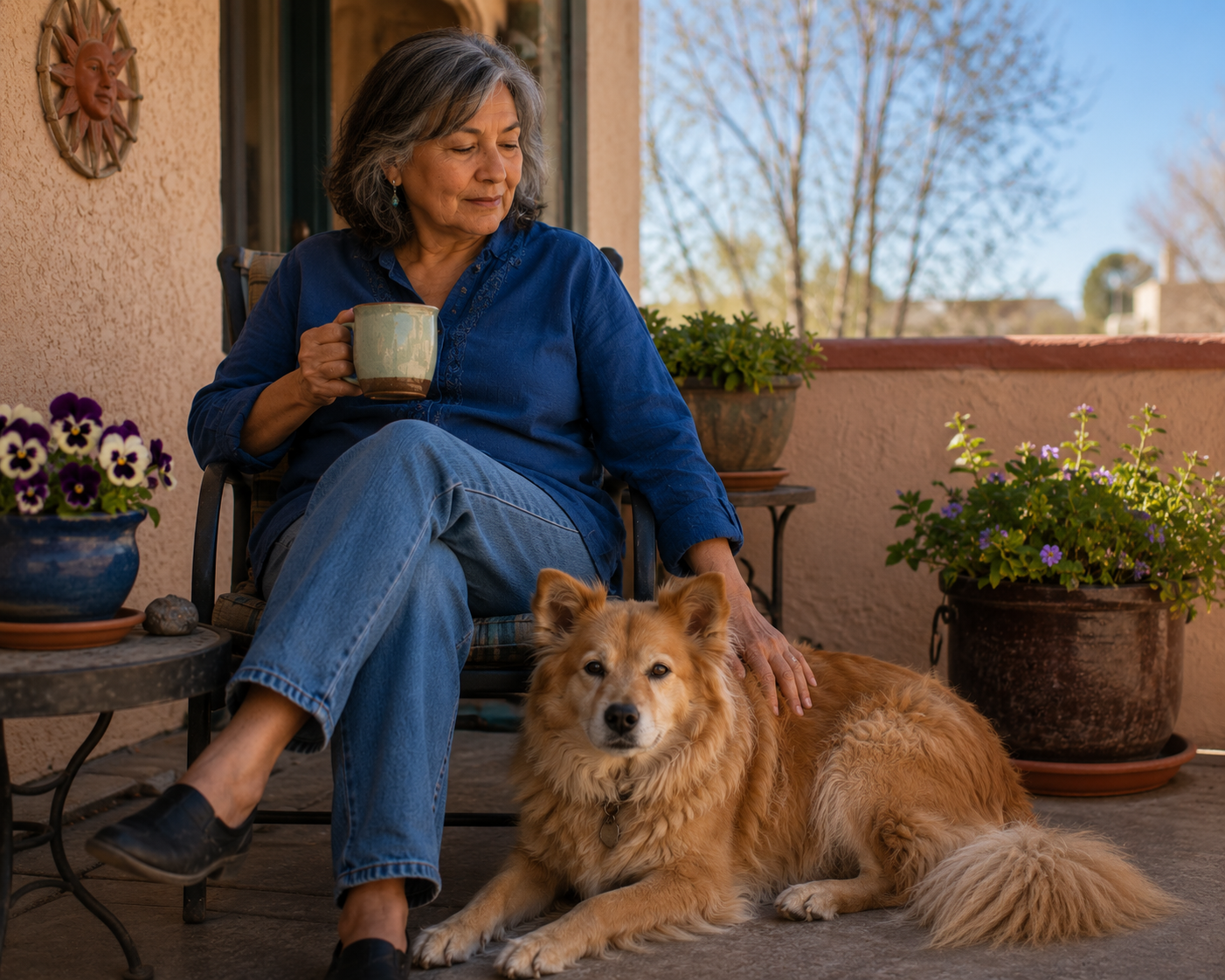 An older woman sits with a cup of tea on a modest patio, resting one hand gently on an older red-blond dog lying beside her. Pots of pansies and other plants surround them on a quiet, sunny morning.