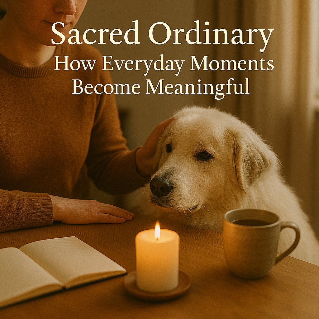 A person rests a hand on a white dog beside a table with a lit candle, an open notebook, and a mug. The scene feels quiet and reflective. Overlaid text reads: ‘Sacred Ordinary: How Everyday Moments Become Meaningful.’