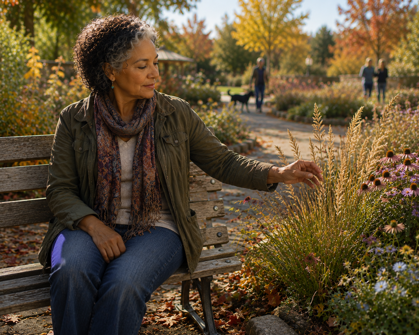 A biracial older woman sits quietly on a park bench in an autumn garden, gently touching golden grasses beside late-blooming flowers as people and a dog walk in the distance.
