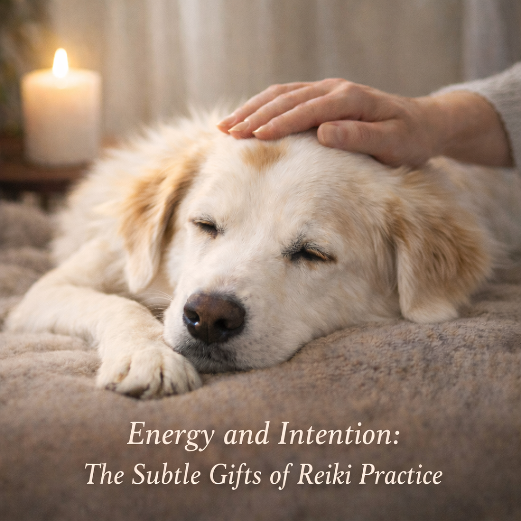 A fluffy white dog with soft fawn-colored ears and a small fawn spot on his head rests peacefully on a blanket while a hand gently offers Reiki above him, with a softly glowing candle in the background.
