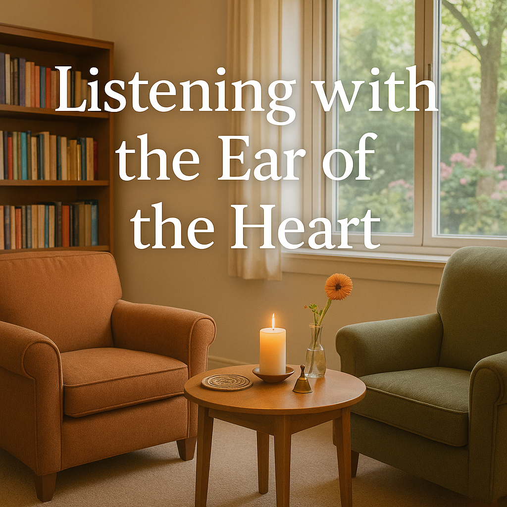Cozy room with two chairs, a bookshelf, and a lit candle on a small table, symbolizing sacred space and heart-centered listening in spiritual direction.