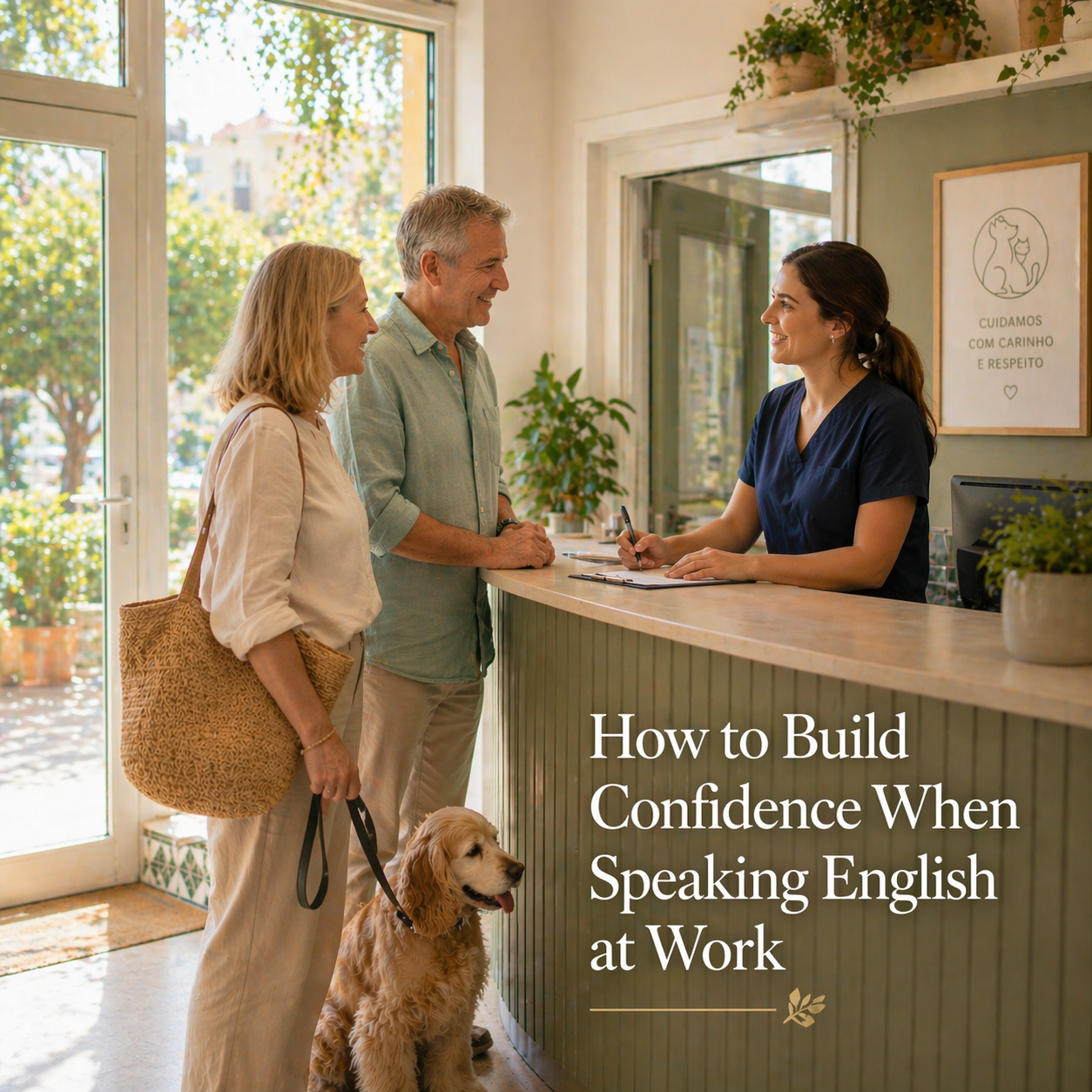 A warmly lit veterinary clinic reception area where a calm, confident staff member speaks with a couple while their dog sits quietly beside them; the title “How to Build Confidence When Speaking English at Work” appears in the lower right.