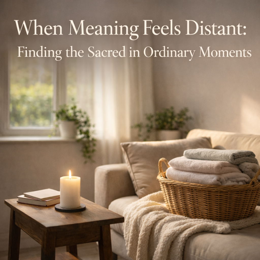 A sunlit living room with a basket of laundry on a sofa and a white candle burning on a side table, capturing a quiet, ordinary moment.