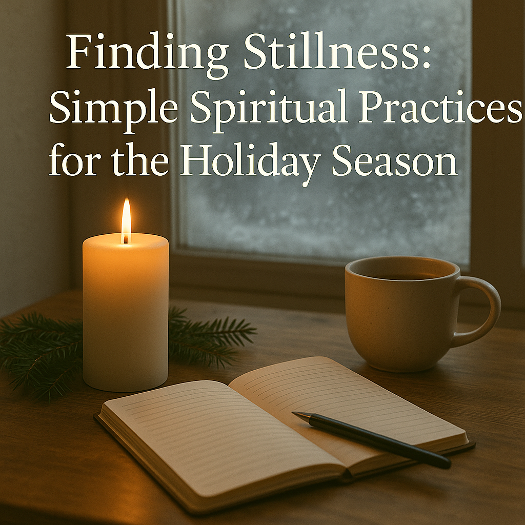 A lit white candle sits beside an open notebook and pen on a wooden table, with a mug nearby and a softly lit window in the background. Overlaid text reads: ‘Finding Stillness: Simple Spiritual Practices for the Holiday Season.’