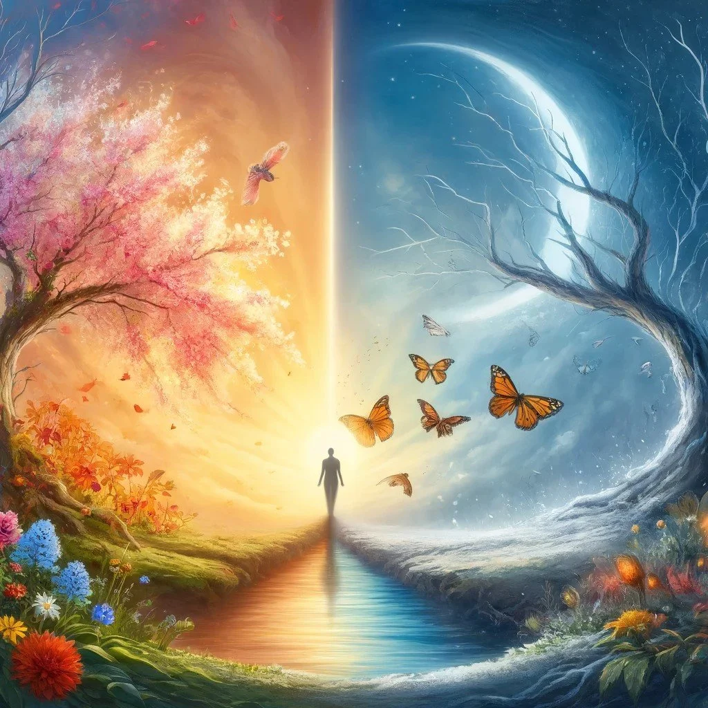 A surreal painting split into two contrasting sides: the left side shows a warm, vibrant scene with a blossoming pink tree, colorful flowers, and flying butterflies at sunrise. The right side depicts a cold, dark scene with bare tree branches, a blue moon, and falling butterflies in a night setting. A human figure stands at the center, with the scene blending from day to night.