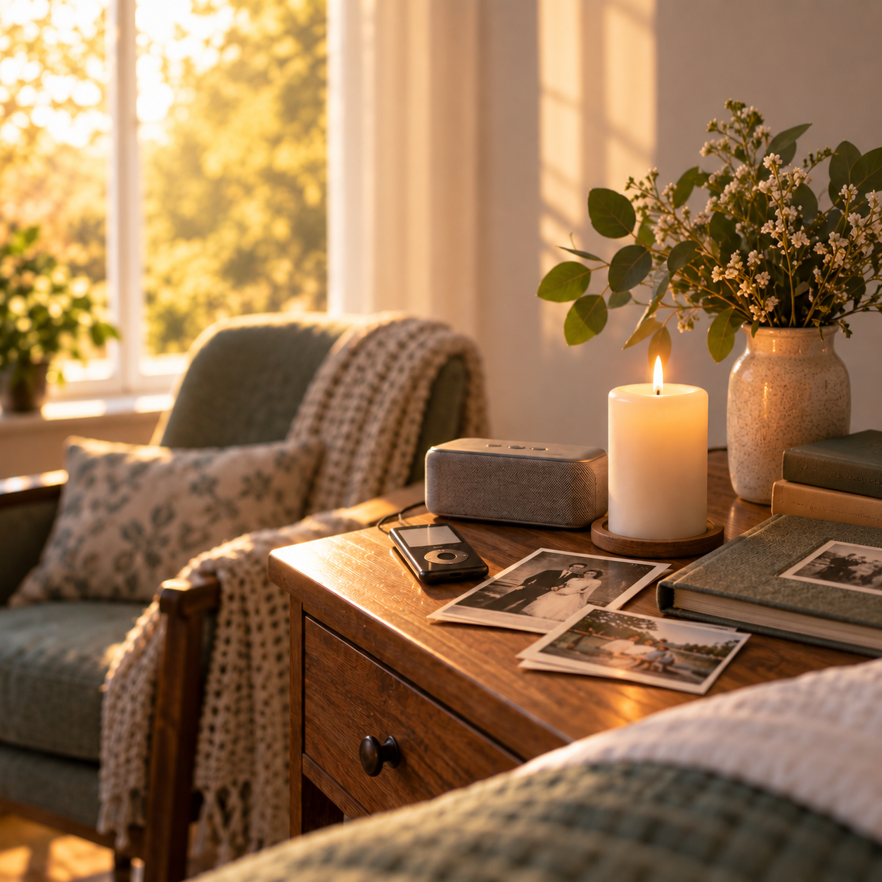 A warm, sunlit bedroom with an empty armchair beside a wooden table holding a white pillar candle, small speaker and MP3 player, family photographs, a photo album, books, and flowers, suggesting music, memory, and companionship at the end of life.