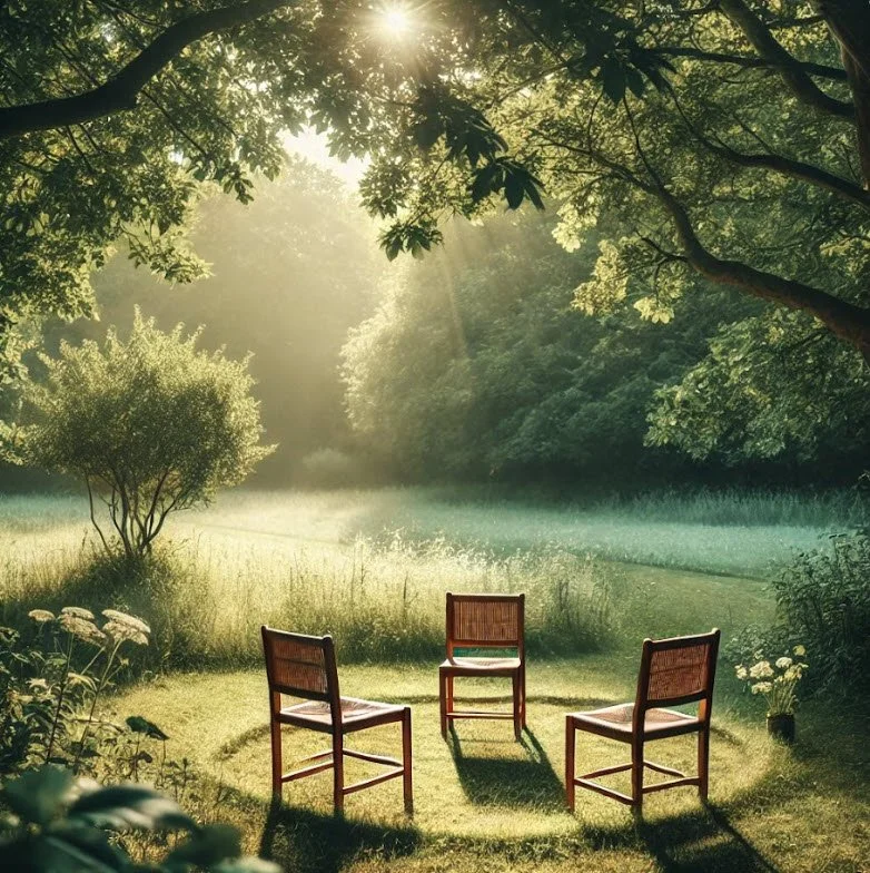 Three wooden chairs are arranged in a circle on a sunlit grassy patch under verdant trees, with a misty forest background. The scene evokes peace and contemplative discussions.