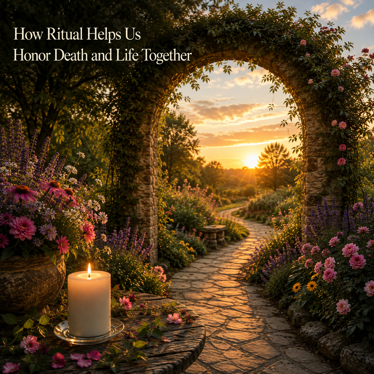 A peaceful garden at sunrise features a flower-lined stone path leading through a vine-covered archway, with a glowing white pillar candle in the foreground beneath the title “How Ritual Helps Us Honor Death and Life Together.”