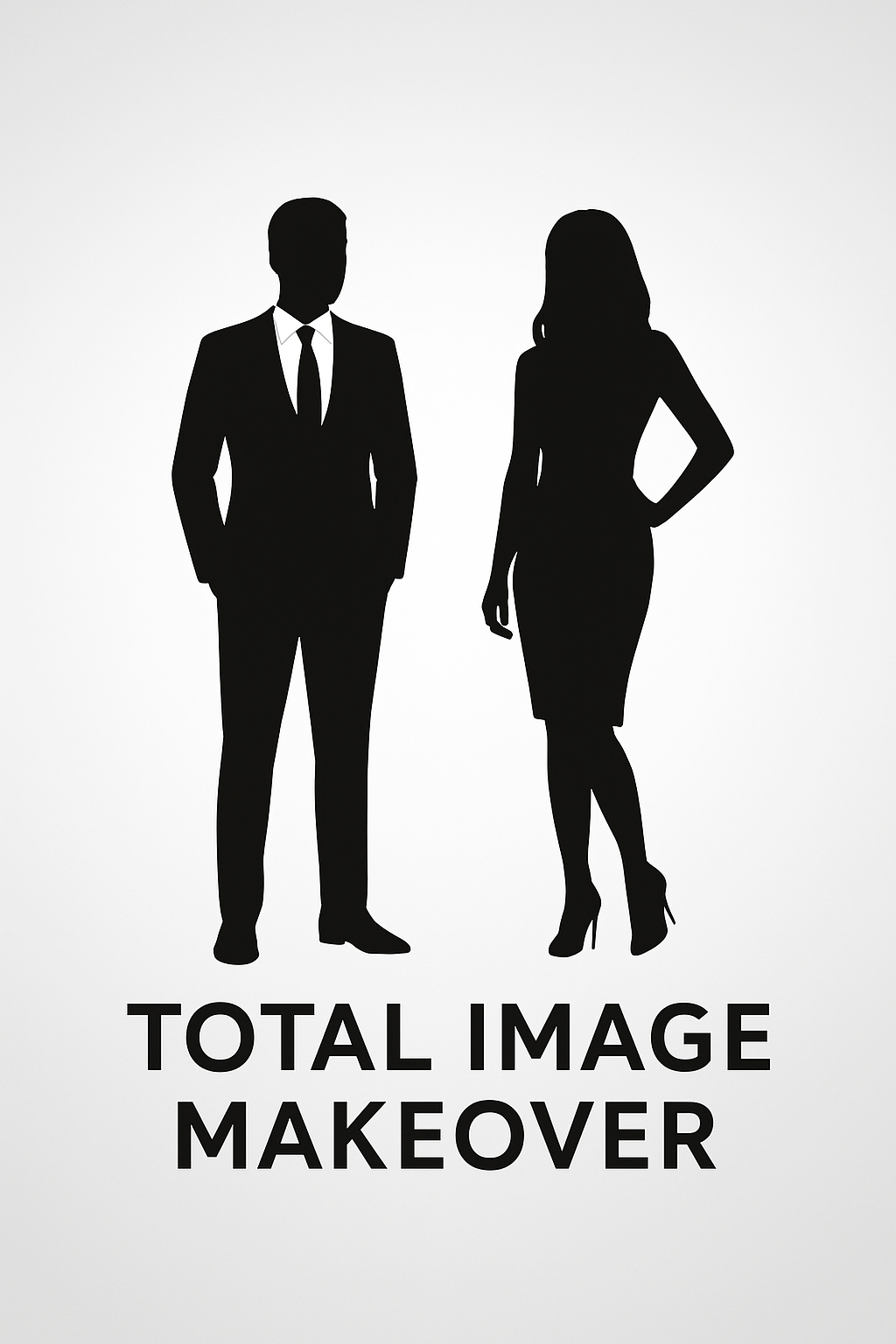 Silhouettes of a man in a suit and woman in a dress facing forward, with text 'Total Image Makeover' underneath.