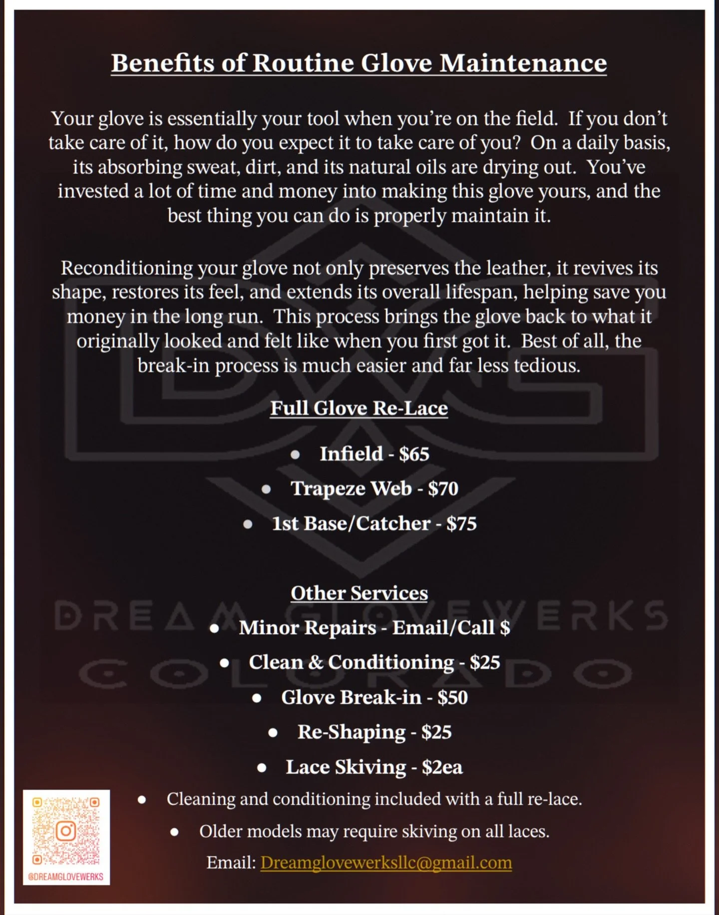 💥 GLOVE GAME = LEVEL UP 💥
New glove that&rsquo;s stiff as a board? 
Old mitt hanging on for dear life?

Take it to the GO-TO glove guy &mdash; Dawg parent and absolute wizard ⚾️
👉 @dreamglovewerks

🔥 Pro break-ins
🔥 Clean &amp; condition
🔥 Full