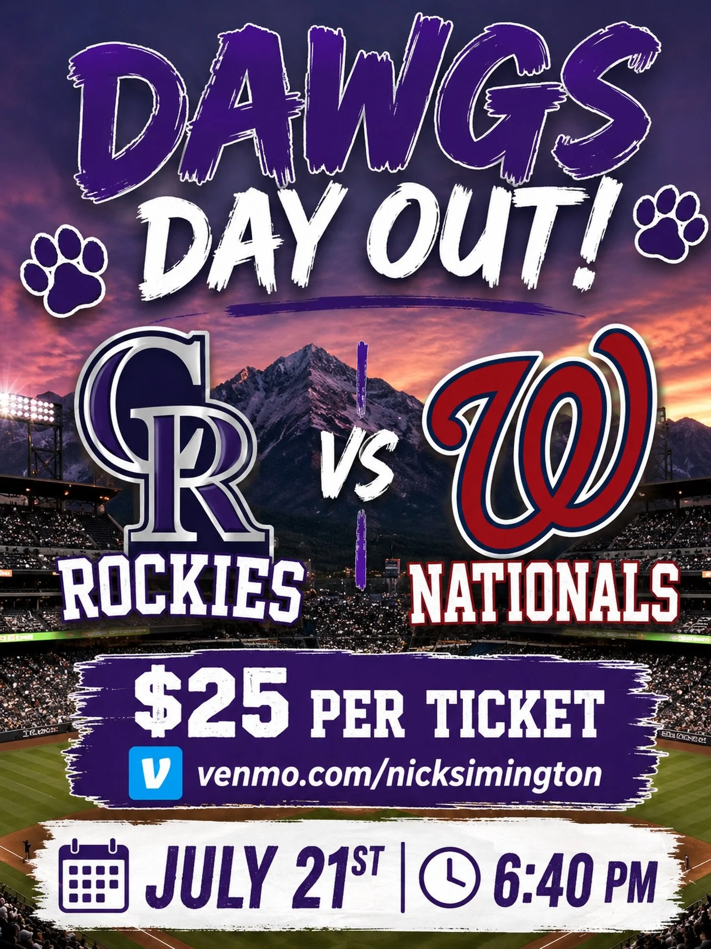🐾⚾️ DAWGS DAY OUT ⚾️🐾

Rockies vs. Nationals
📅 July 21st
🕡 6:40 PM First Pitch
🎟️ $25 Per Ticket
💰 Ticket value: $40-$50
⏰ Deadline to Purchase: May 29th

Dawg Families &mdash; let&rsquo;s pack Coors Field for a summer night together! Players, 