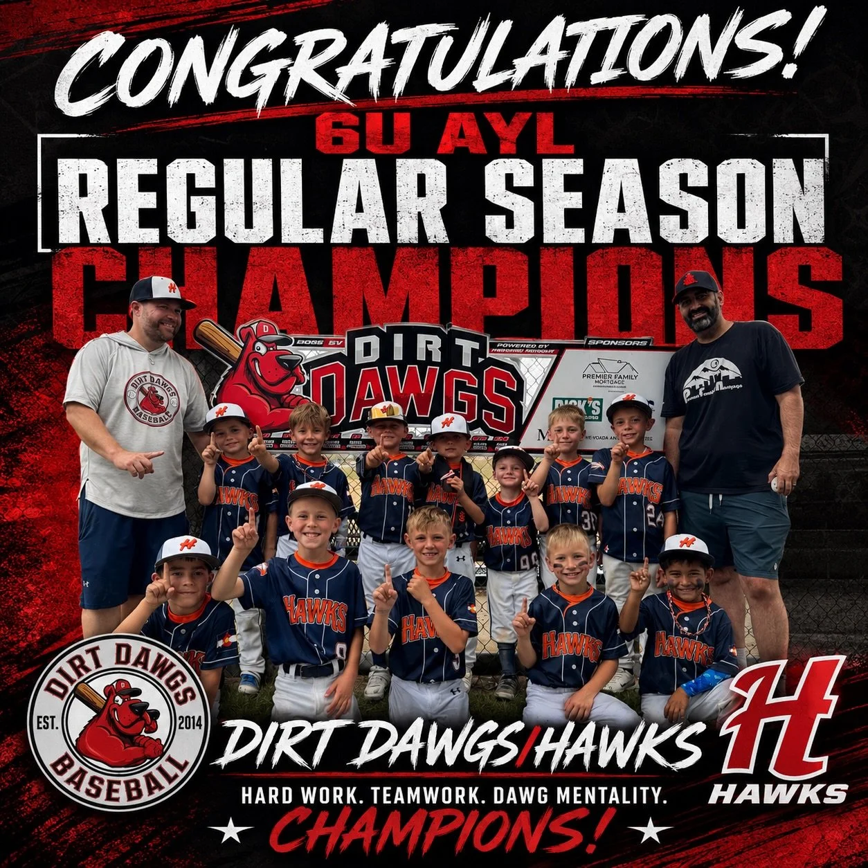 🏆 6U AYL Regular Season Champions! 🏆

12-2. #1 Seed. A great regular season, but the job isn&rsquo;t finished.

Proud of these boys for their hard work, growth, and teamwork all season long. Now it&rsquo;s time for the playoffs!

Good luck, Dirt Da