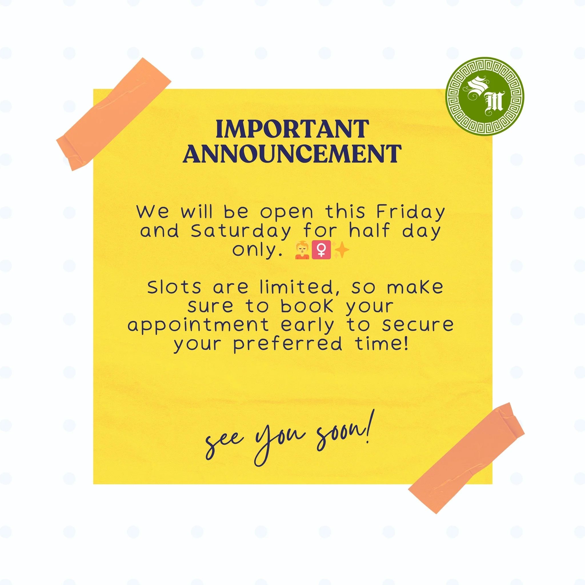 Half-day alert for this Friday &amp; Saturday! ⏰

Slots are going fast! Make sure to book your appointment early to grab your preferred time.

See you soon! ✨

#HalfDayAlert #BookEarly #WeekendPlans #GetInQuick #DontMissOut #SereniteMassage #ClientLo
