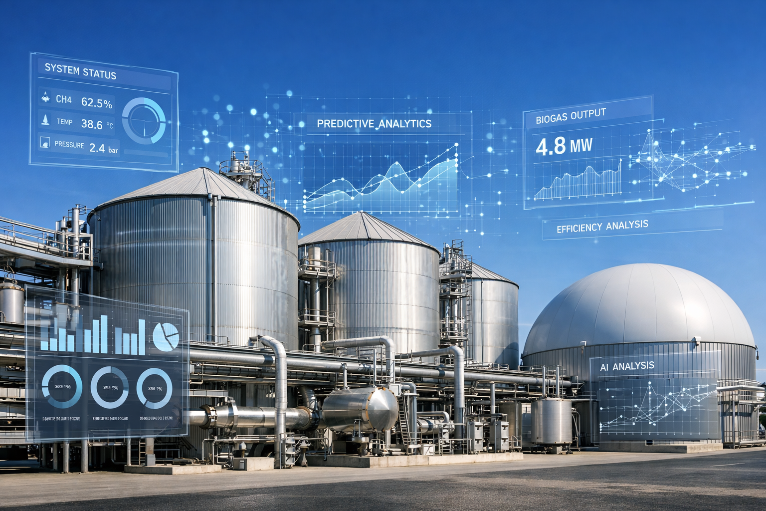 AI-powered digital monitoring system overlaying data analytics on a modern anaerobic digestion biogas plant