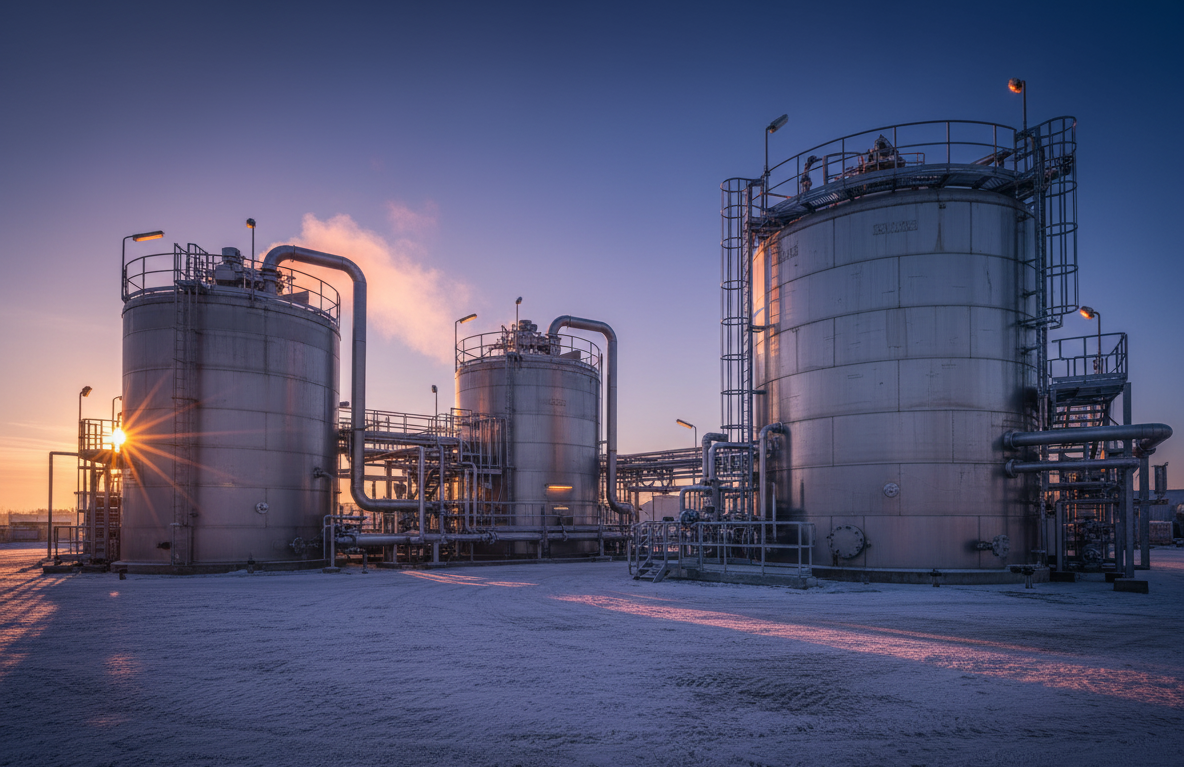 Winter morning AD plant, blue sky, low sun, frosty morning