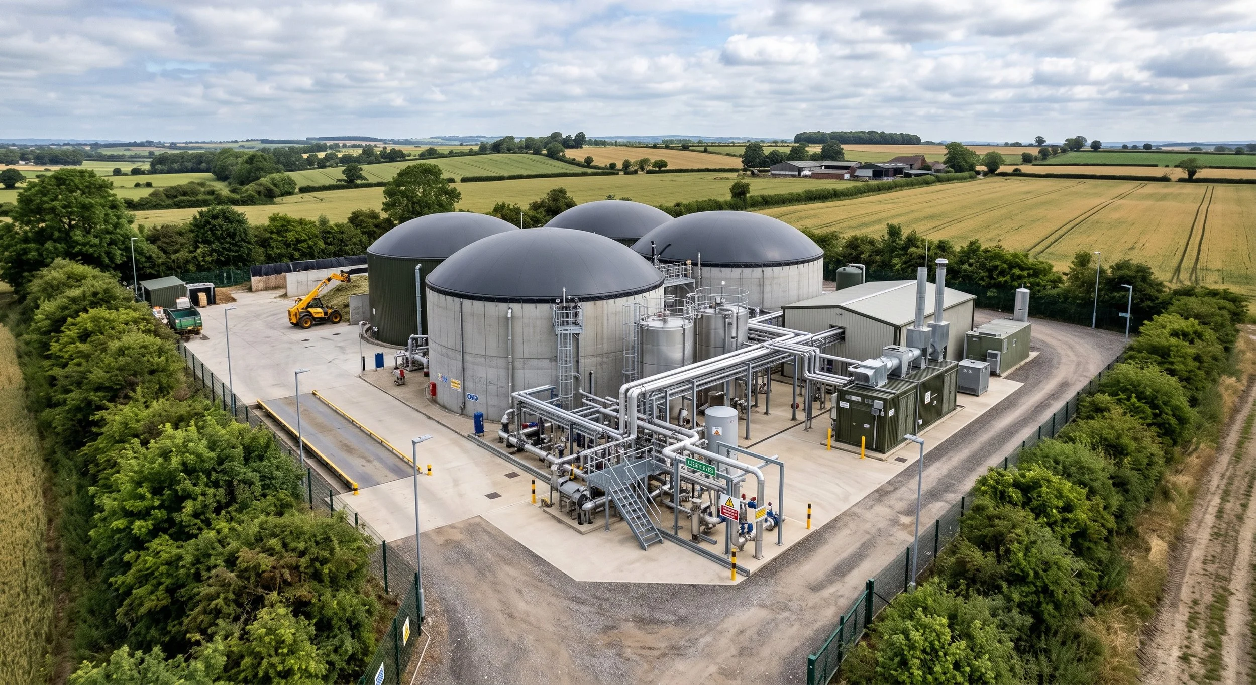 Aerial photography of an AD plant with 4 large grey tankers surrounded by green field and bushes