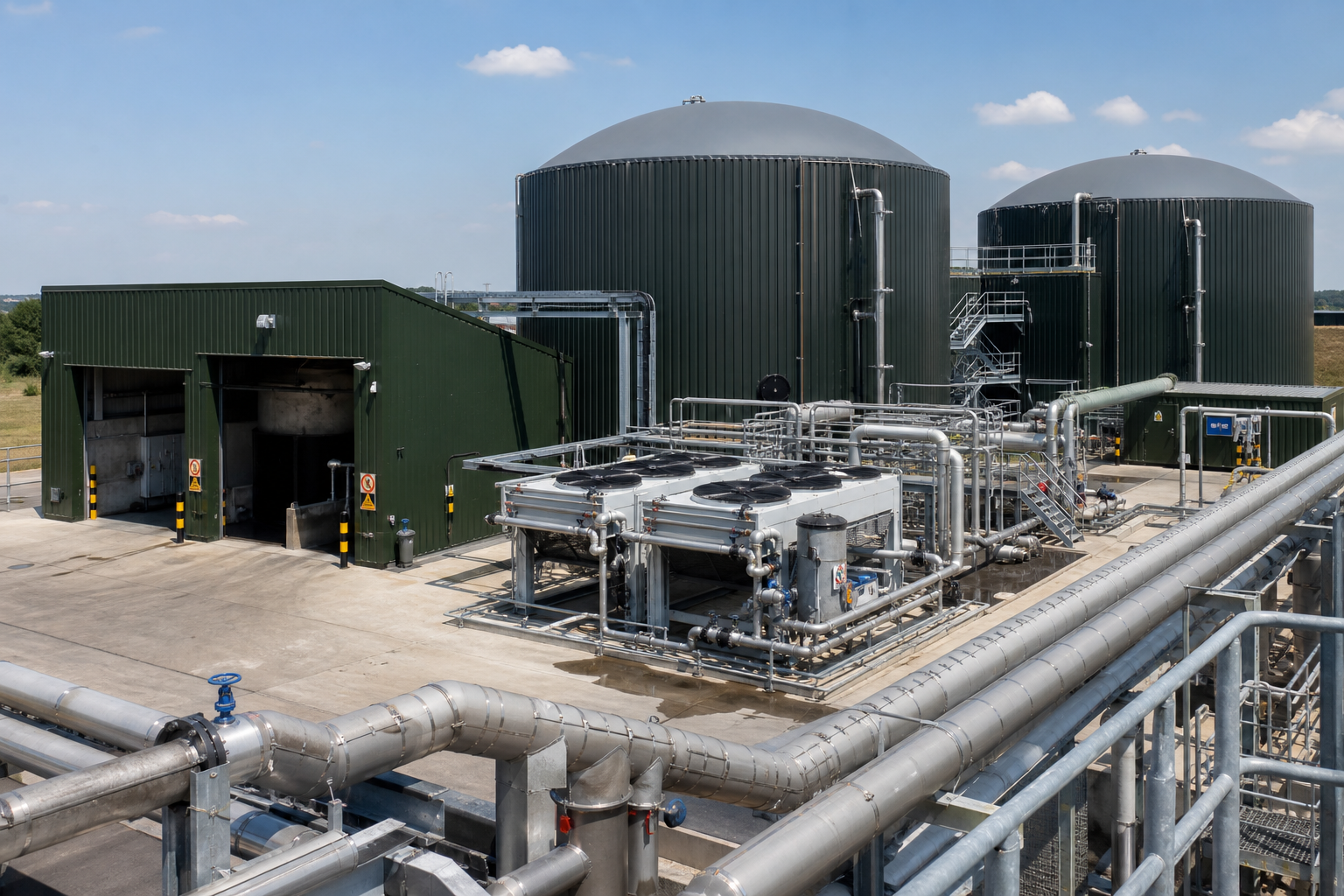 AD plant with 2 green tankers, large storage and silver pipes