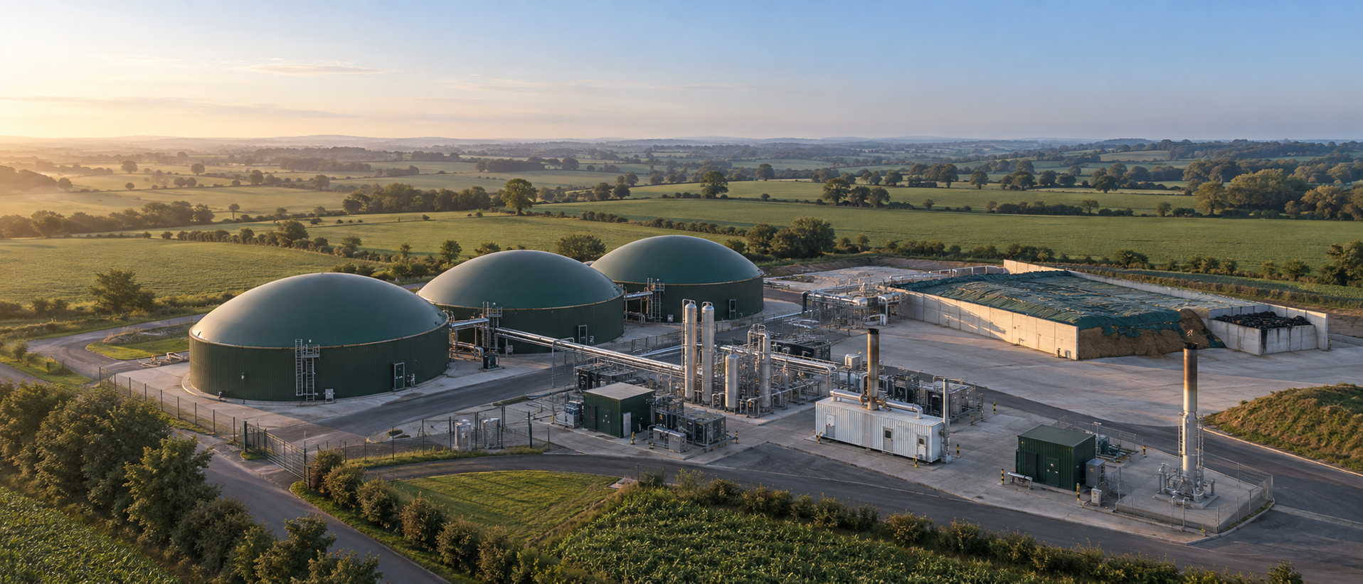 aerial shot of large AD plant surrounded by fields, 3 large green domed tankers with metal pipework