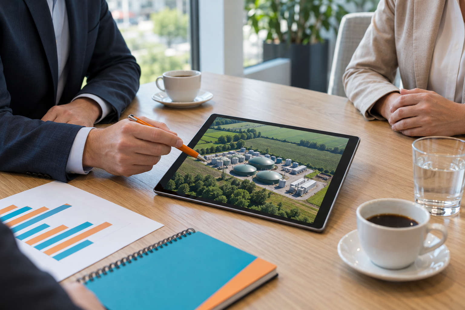 tablet placed on a table with a an AD plant on the screen, person pointing at it with orange pen