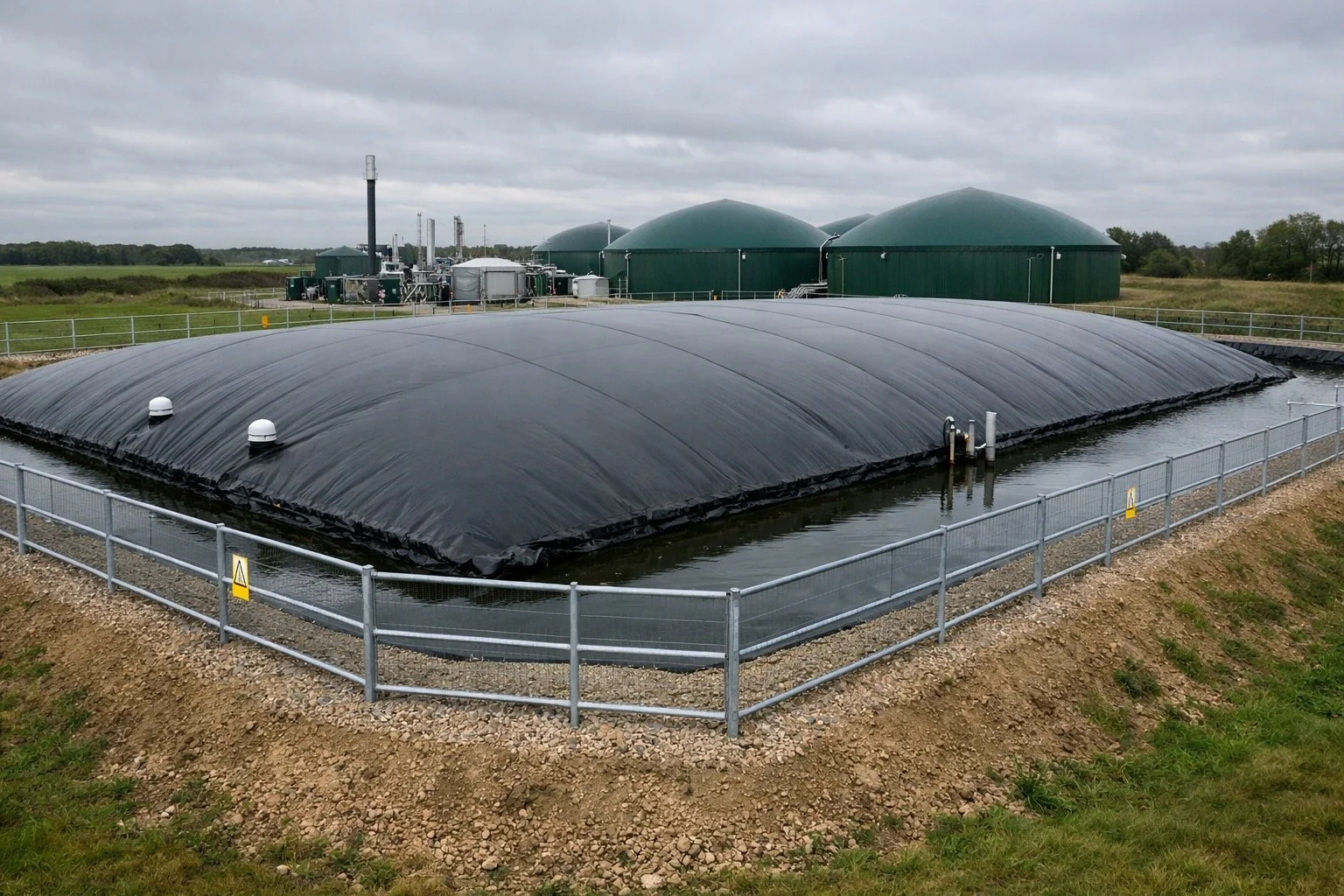 Covered digestate storage lagoon at a UK anaerobic digestion plant showing freeboard and safety fencing