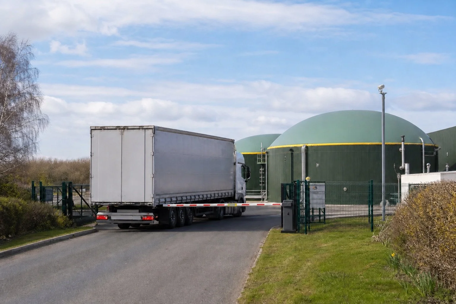 Grey HGV lorry entering the gate of an Anaerobic digestion plant