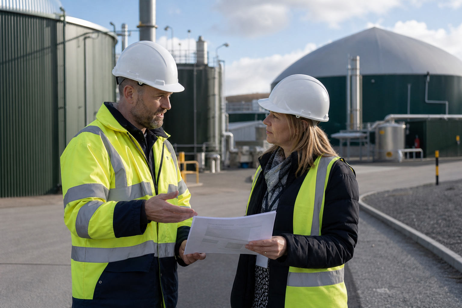 Biogas plant operator reviewing environmental performance reporting data